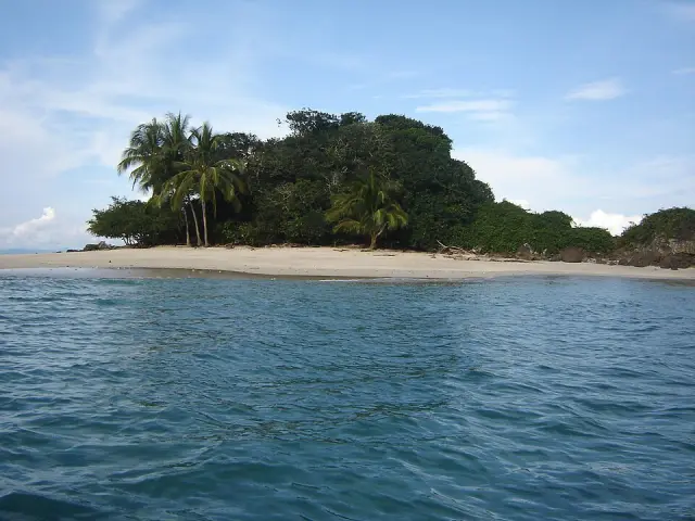 Uma ilha arborizada com palmeiras e uma praia de areia clara em Coiba.