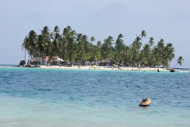 Palmeiras e uma praia de areia clara na Isla Perro, cercada de água turquesa.